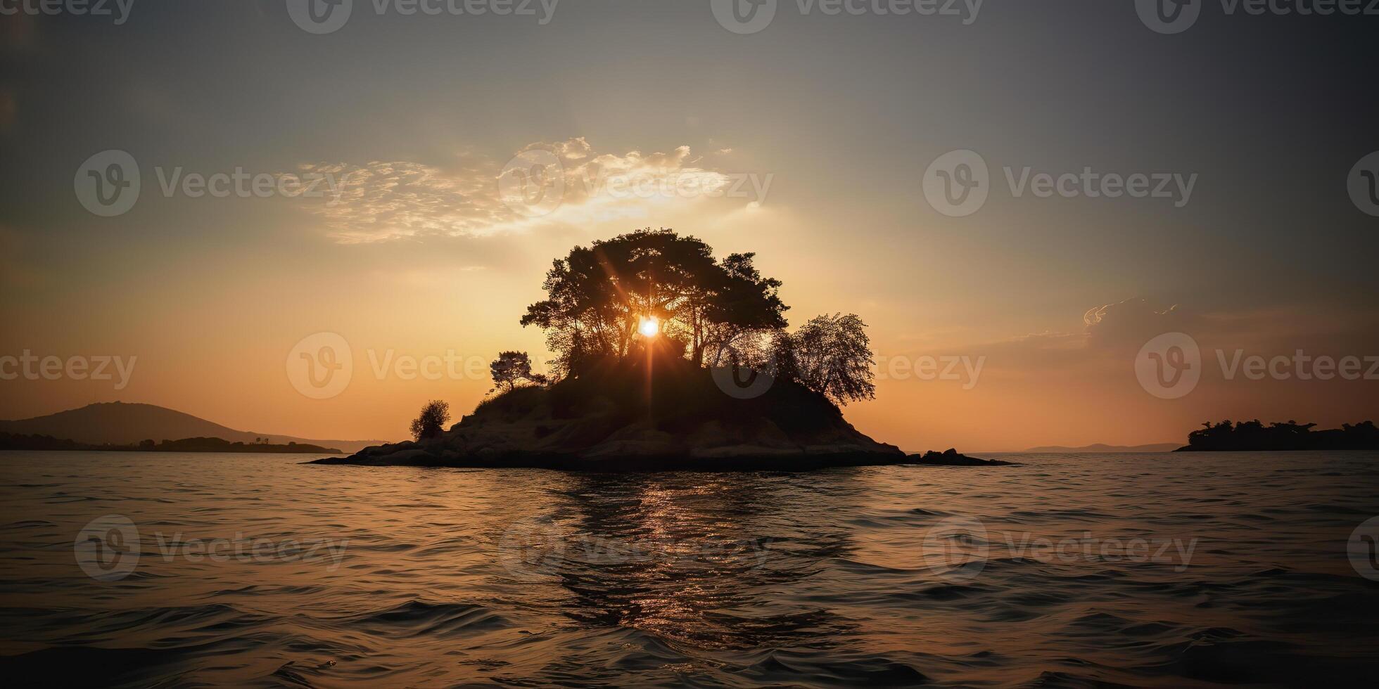Island in the middle of the sea ocean lake with many trees. Relaxing sunset background scene view photo