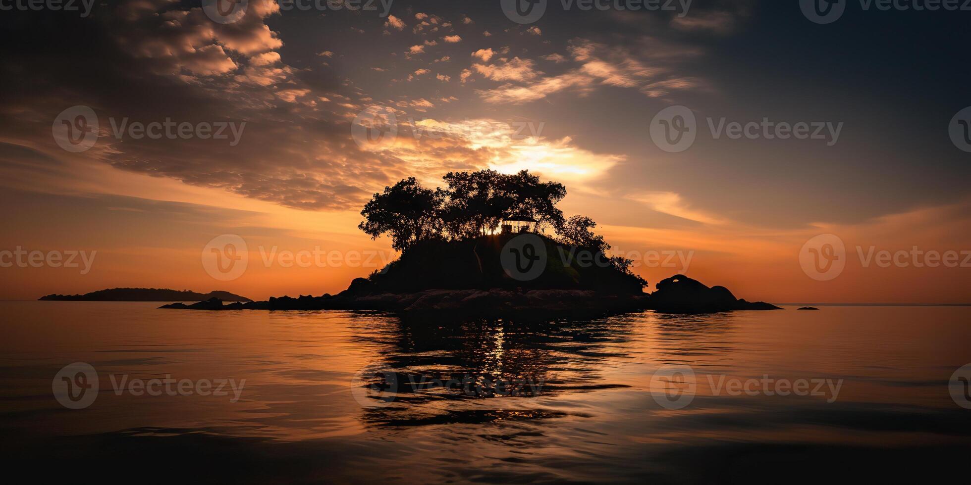 Island in the middle of the sea ocean lake with many trees. Relaxing sunset background scene view photo