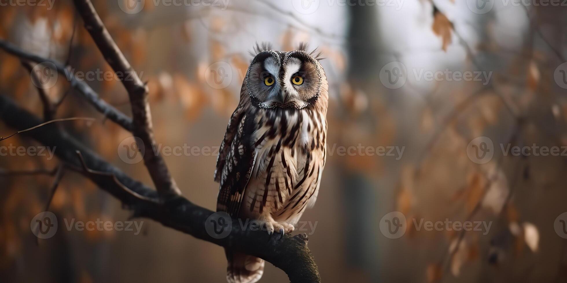 Owl bird sitting on a banch tree. Wil life nature outdoor forest background landscape scene photo