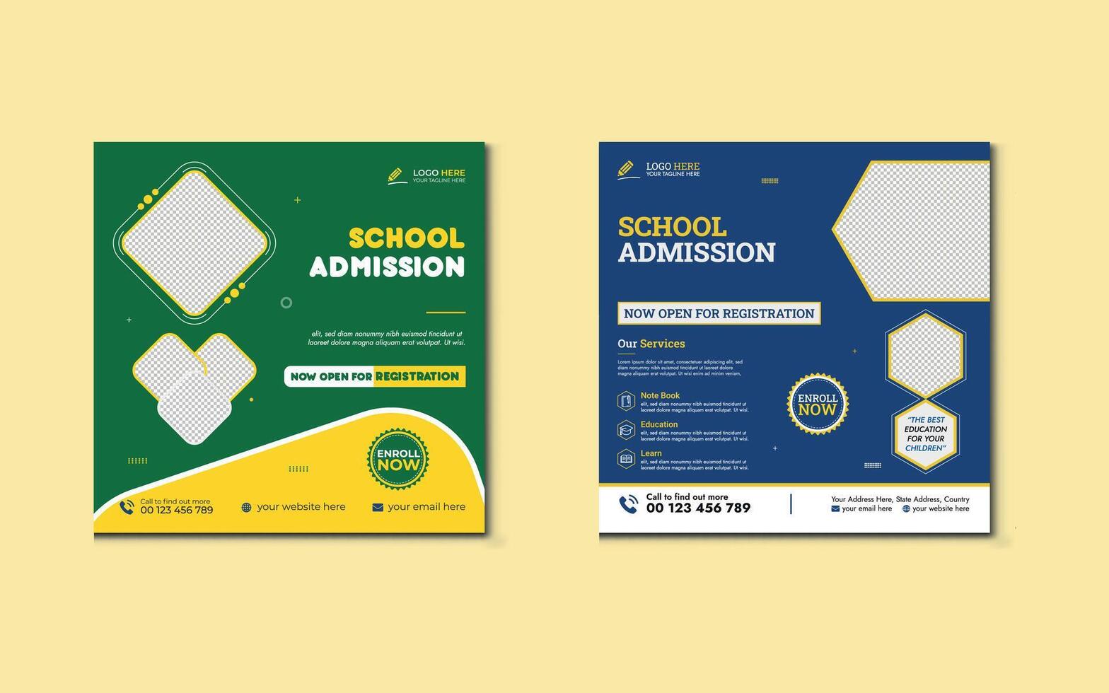 School admission social media post banner design. school social media post banner design. Back to school admission promotion Post. school admission template for social media ads. vector