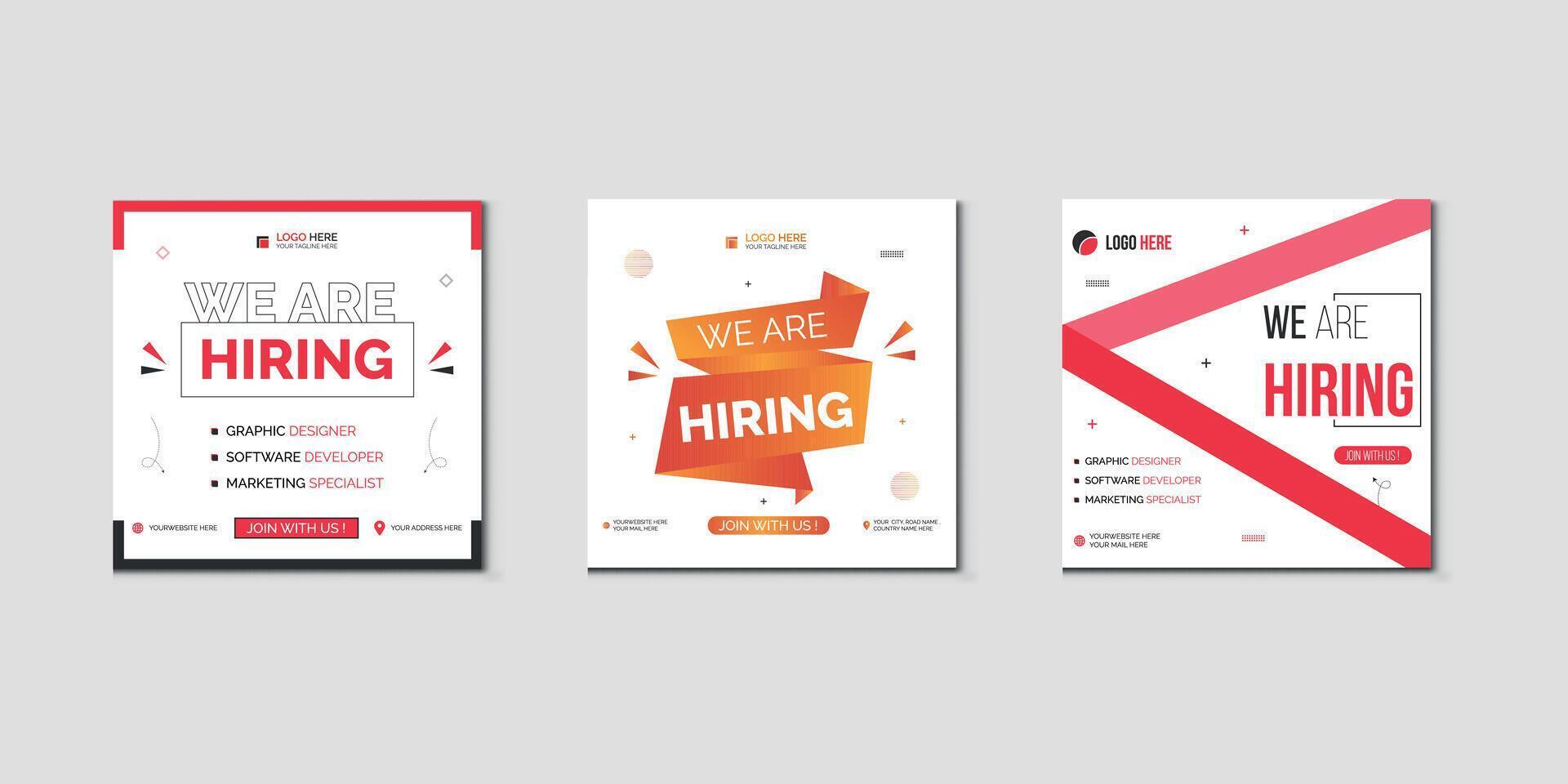 nosotros son contratación trabajo vacante social medios de comunicación enviar bandera diseño modelo con rojo color. nosotros son contratación trabajo vacante cuadrado web bandera diseño. Pro vector