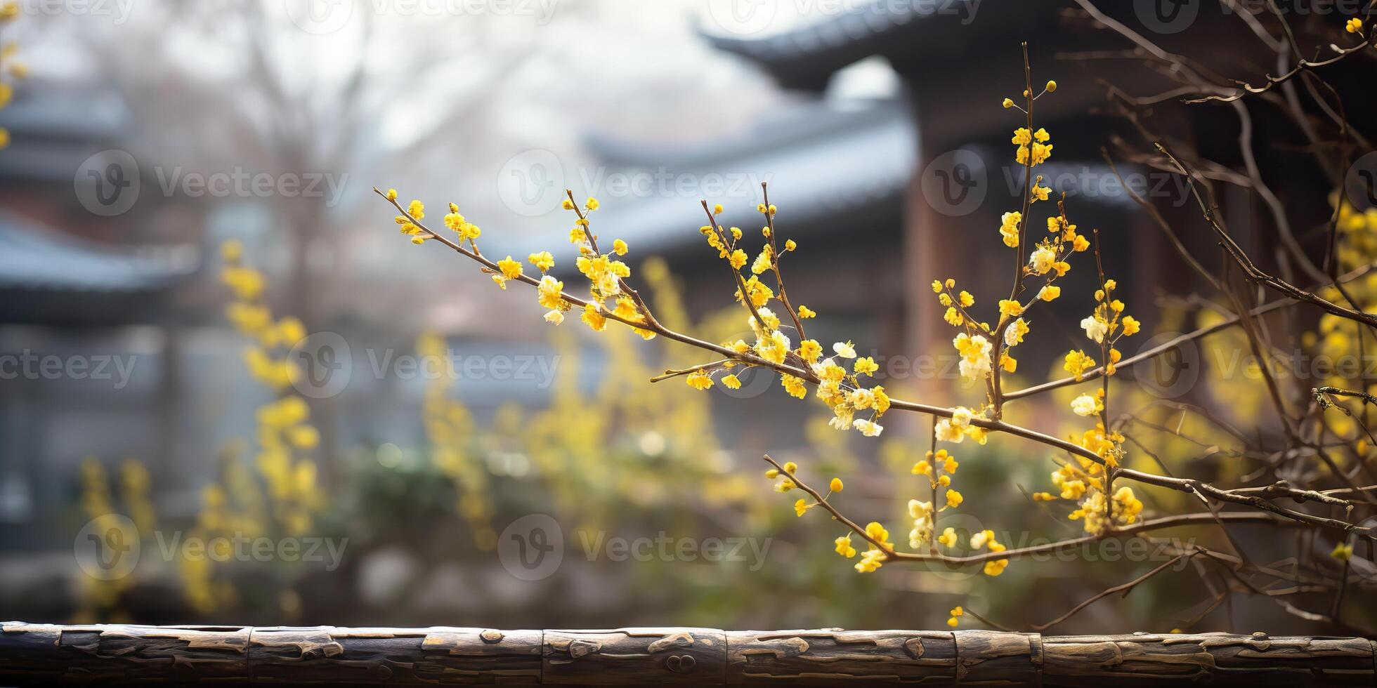 Ancient asian japanese chinese old vintage retro town city building temple with nature tree flowers photo