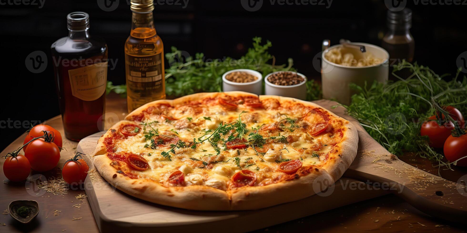 Fresh baked tasty pizza with meat and vegetables and herbs on dinner table. Meal food restaurant background scene photo