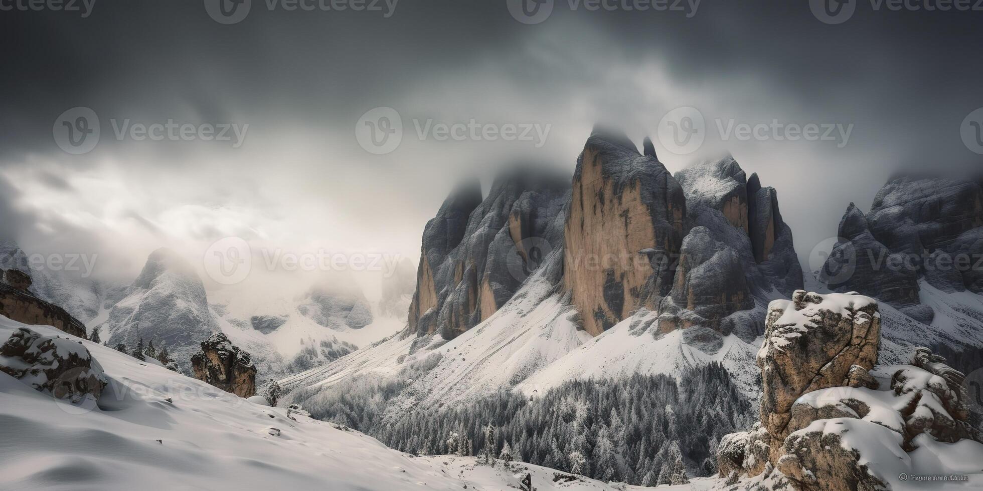 Cloud day rock hill mountain rock peak with snow at winter. Adventure expedition travel hiking scene view photo