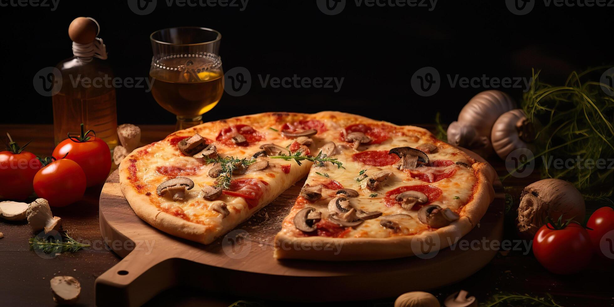 Fresh baked tasty pizza with meat and vegetables and herbs on dinner table. Meal food restaurant background scene photo