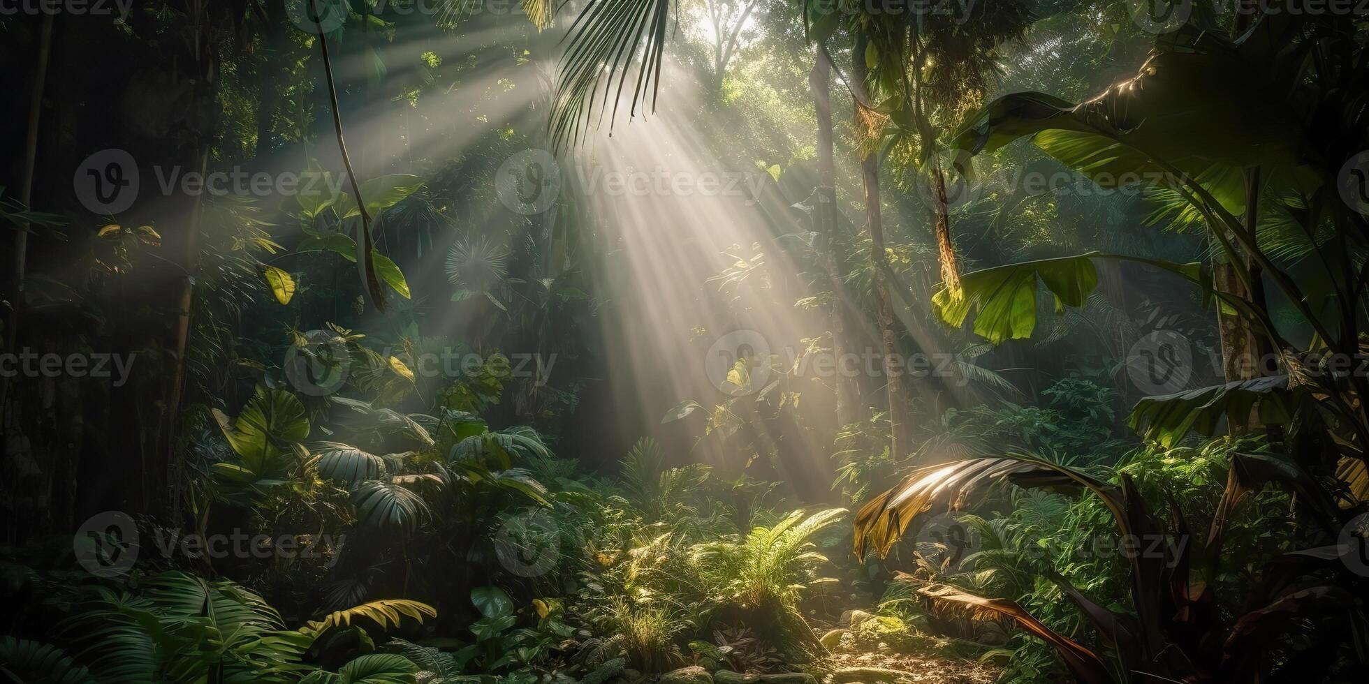 Tropical rain jungle deep forest with beab ray light shining. Nature outdoor adventure vibe scene background view photo