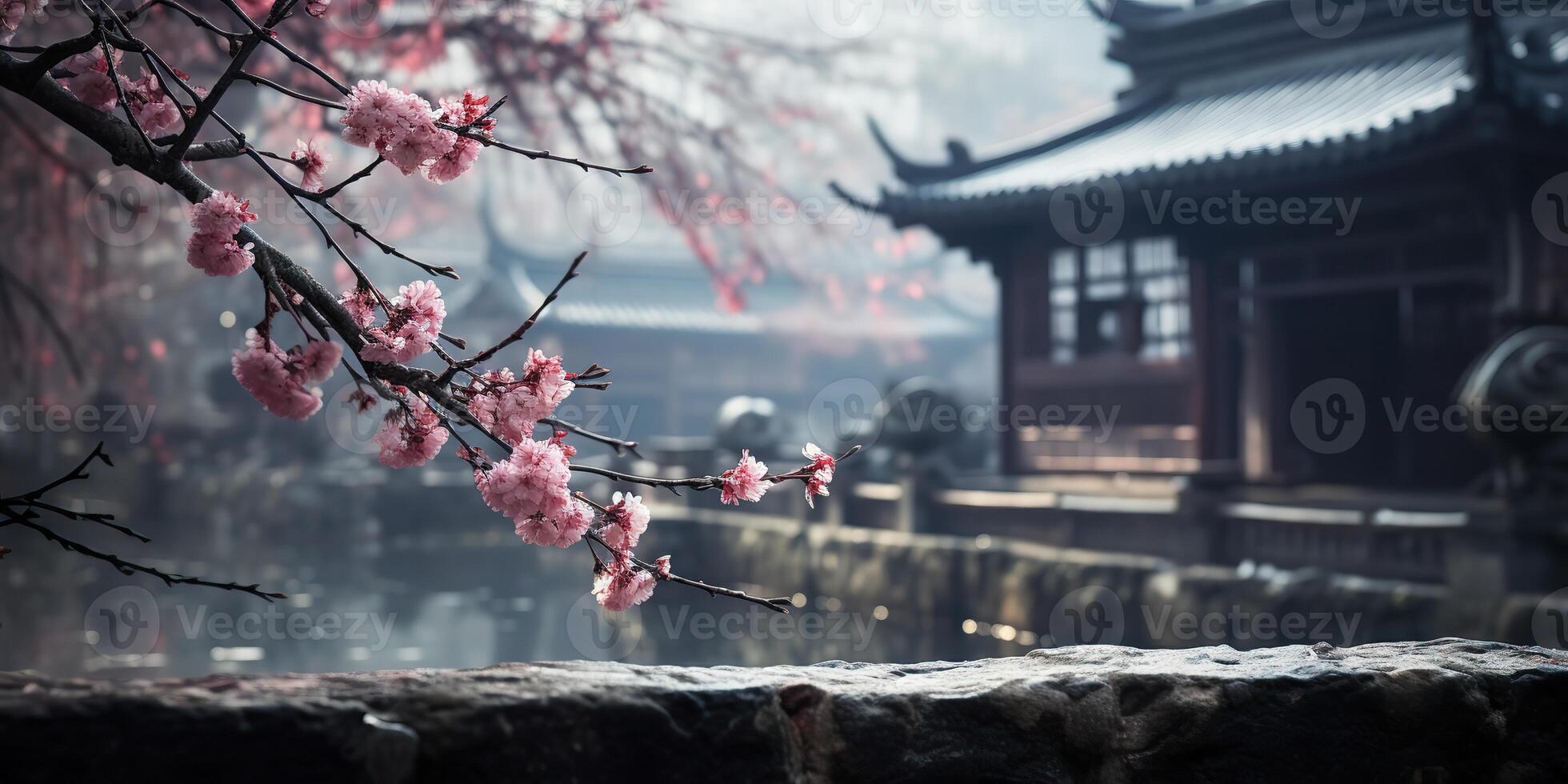 Ancient asian japanese chinese old vintage retro town city building temple with nature tree flowers photo