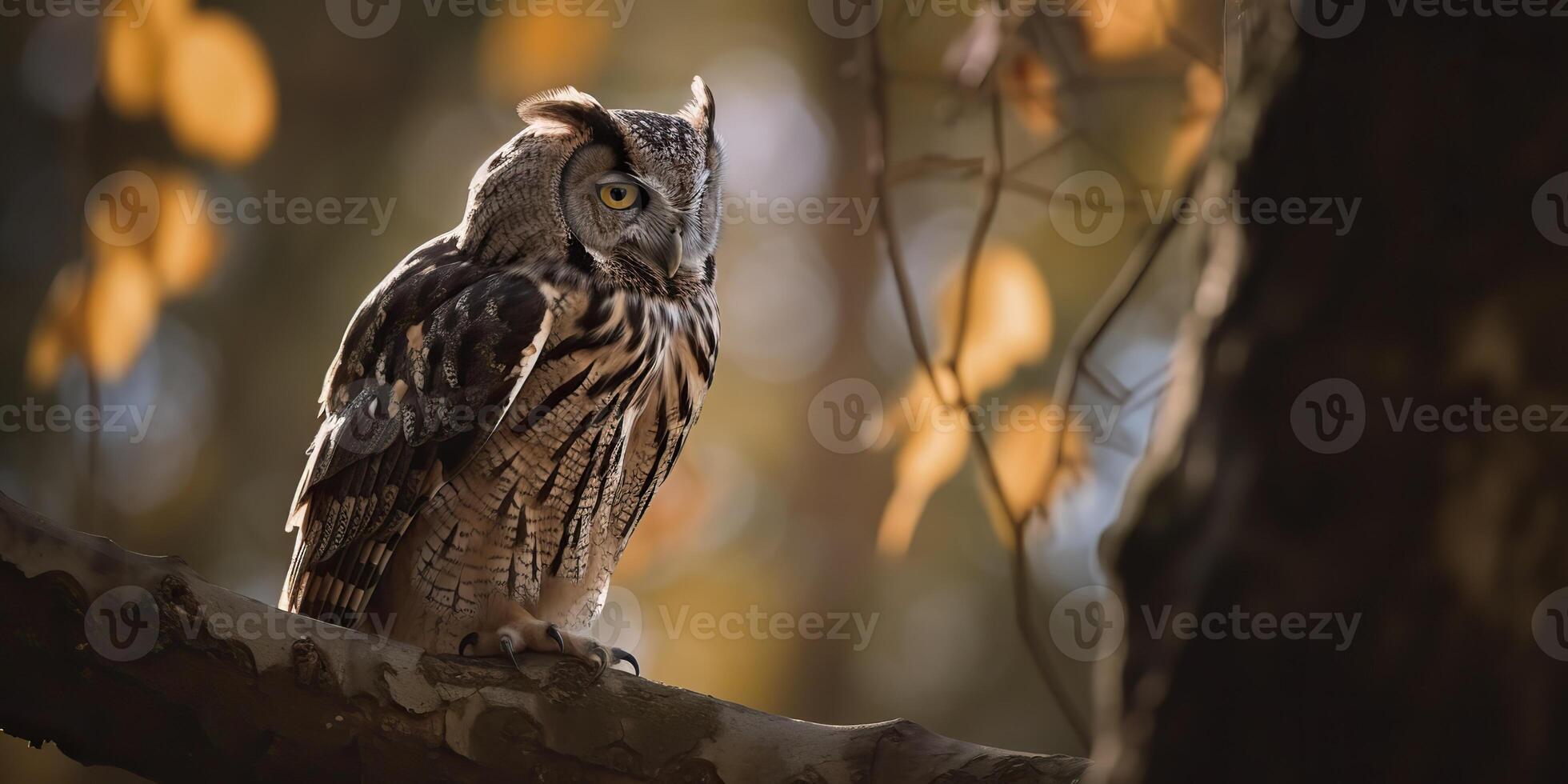 Owl bird sitting on a banch tree. Wil life nature outdoor forest background landscape scene photo