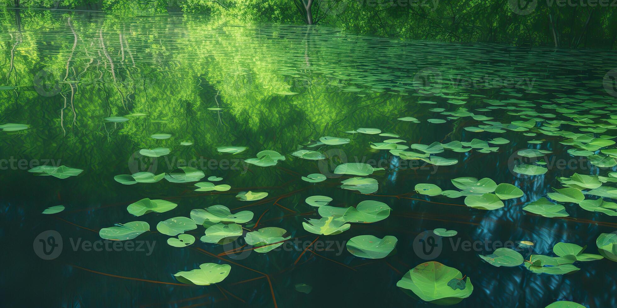 Green leaves on pond river lake landscaoe background view photo