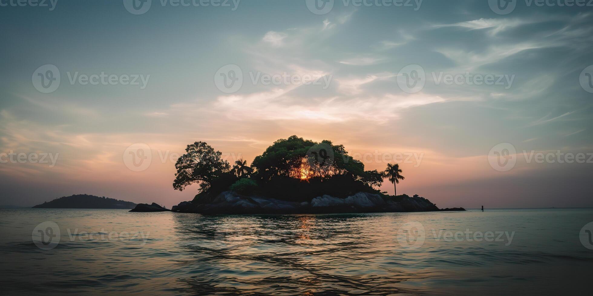 Island in the middle of the sea ocean lake with many trees. Relaxing sunset background scene view photo