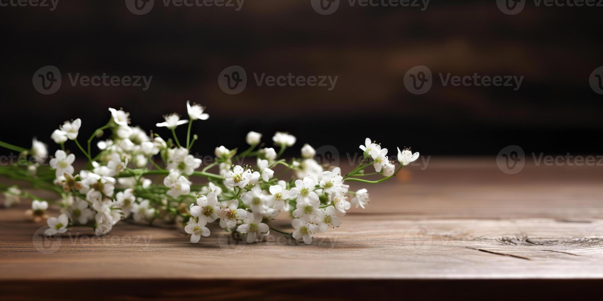 Small white flowers gypsophila on wood table scene. Decorative romantic elegance mock up background photo