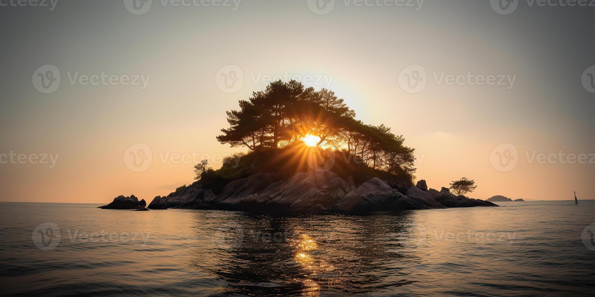 Island in the middle of the sea ocean lake with many trees. Relaxing sunset background scene view photo