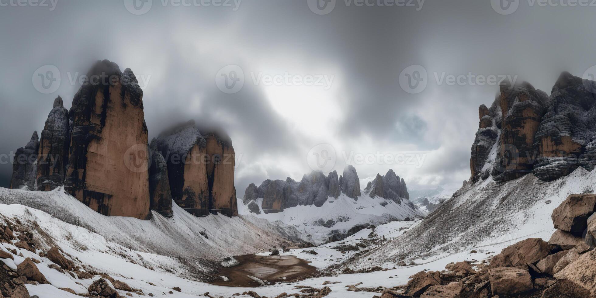 Cloud day rock hill mountain rock peak with snow at winter. Adventure expedition travel hiking scene view photo