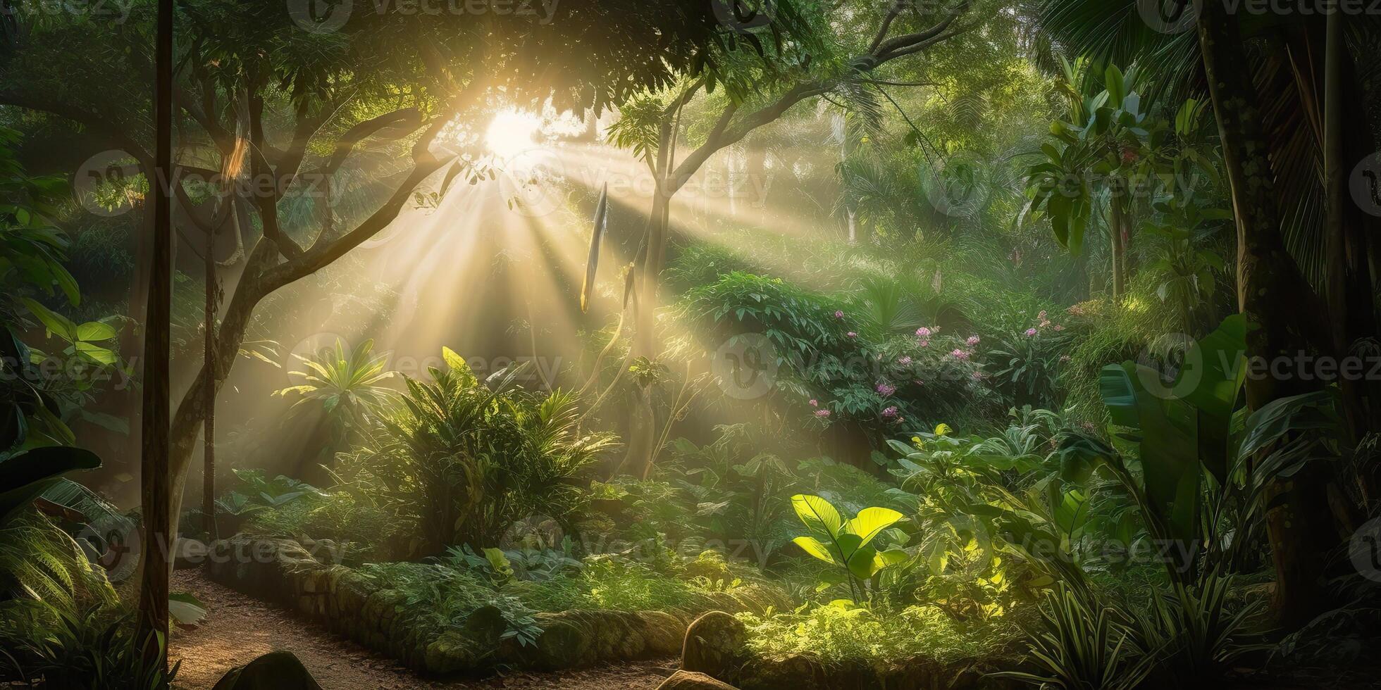 Tropical rain jungle deep forest with beab ray light shining. Nature outdoor adventure vibe scene background view photo
