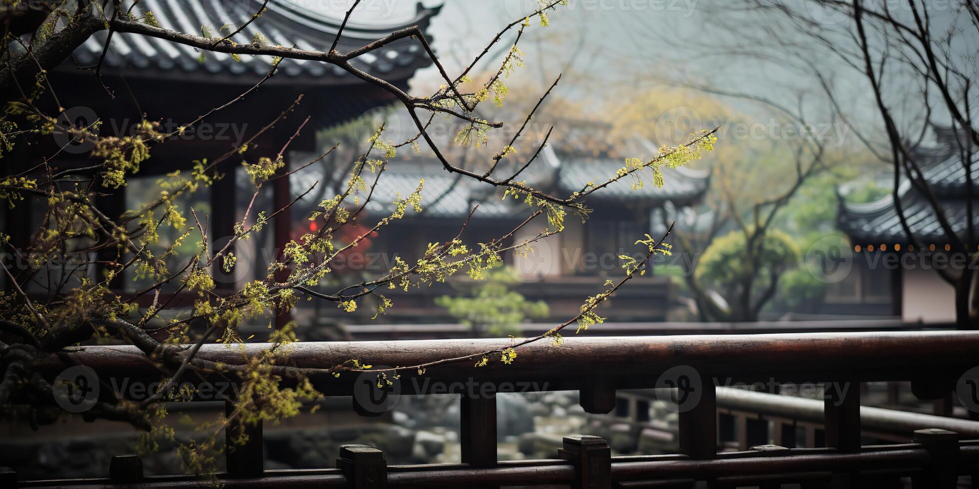 Ancient asian japanese chinese old vintage retro town city building temple with nature tree flowers photo