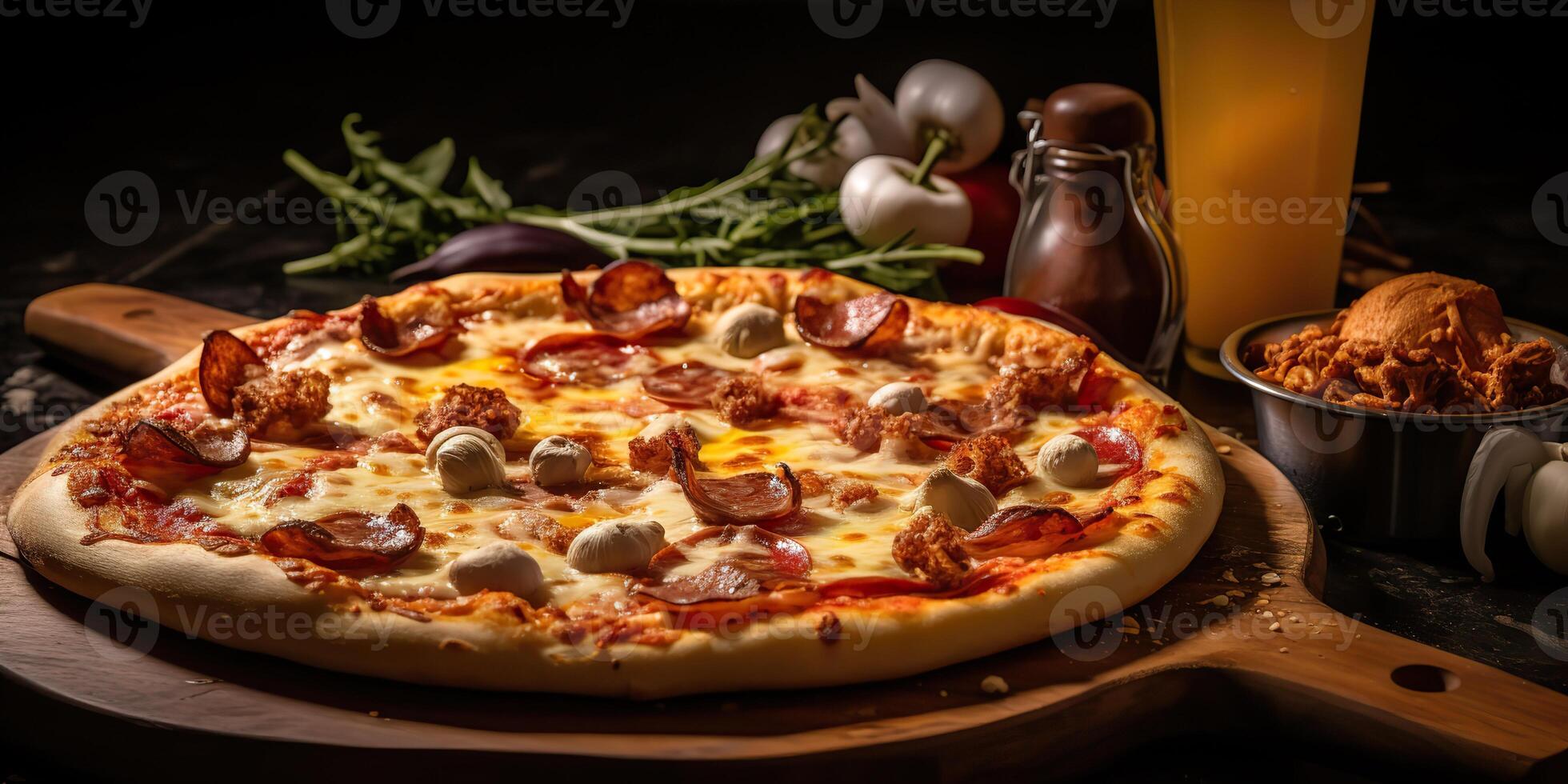 Fresh baked tasty pizza with meat and vegetables and herbs on dinner table. Meal food restaurant background scene photo