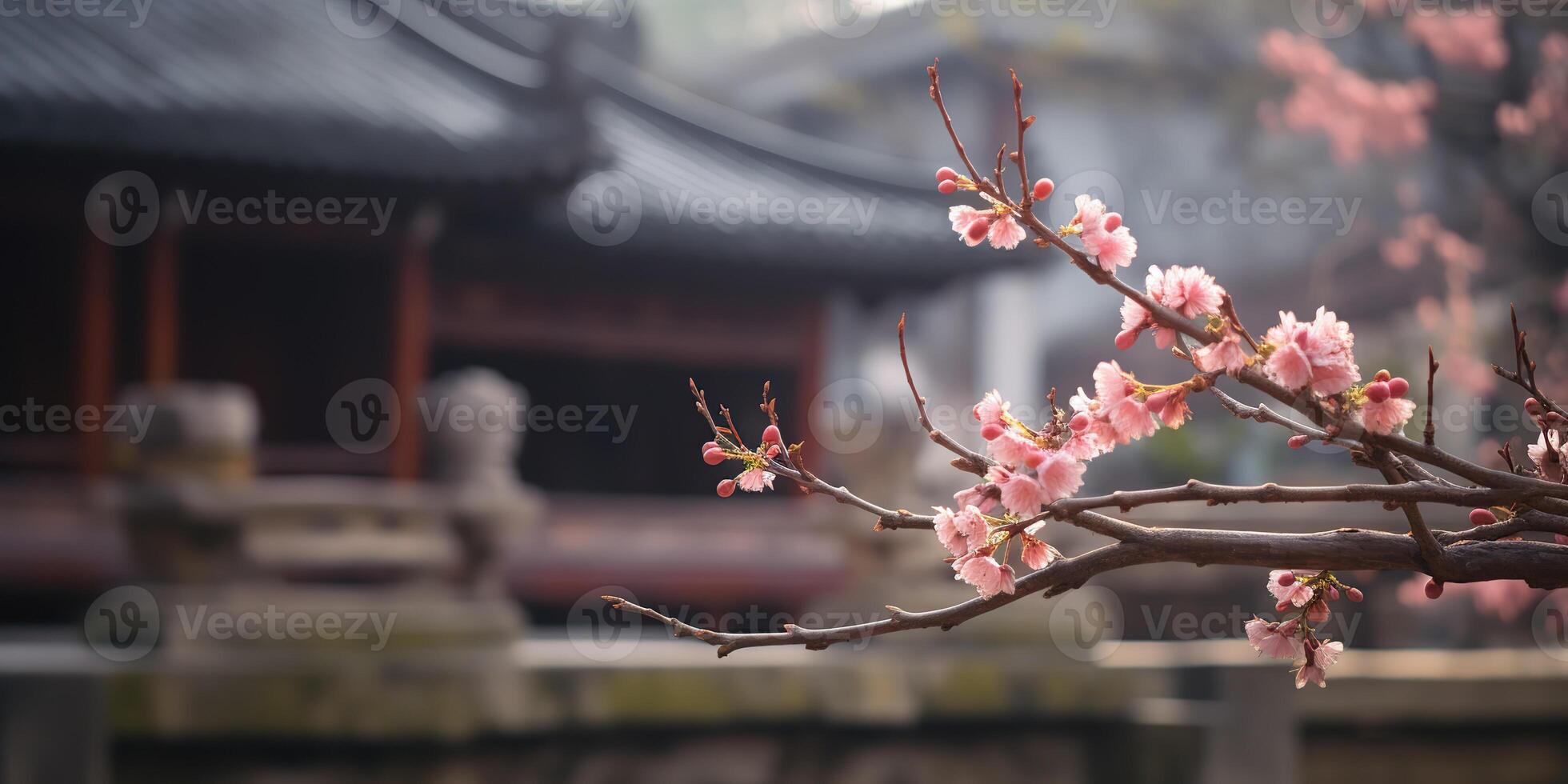 Ancient asian japanese chinese old vintage retro town city building temple with nature tree flowers photo