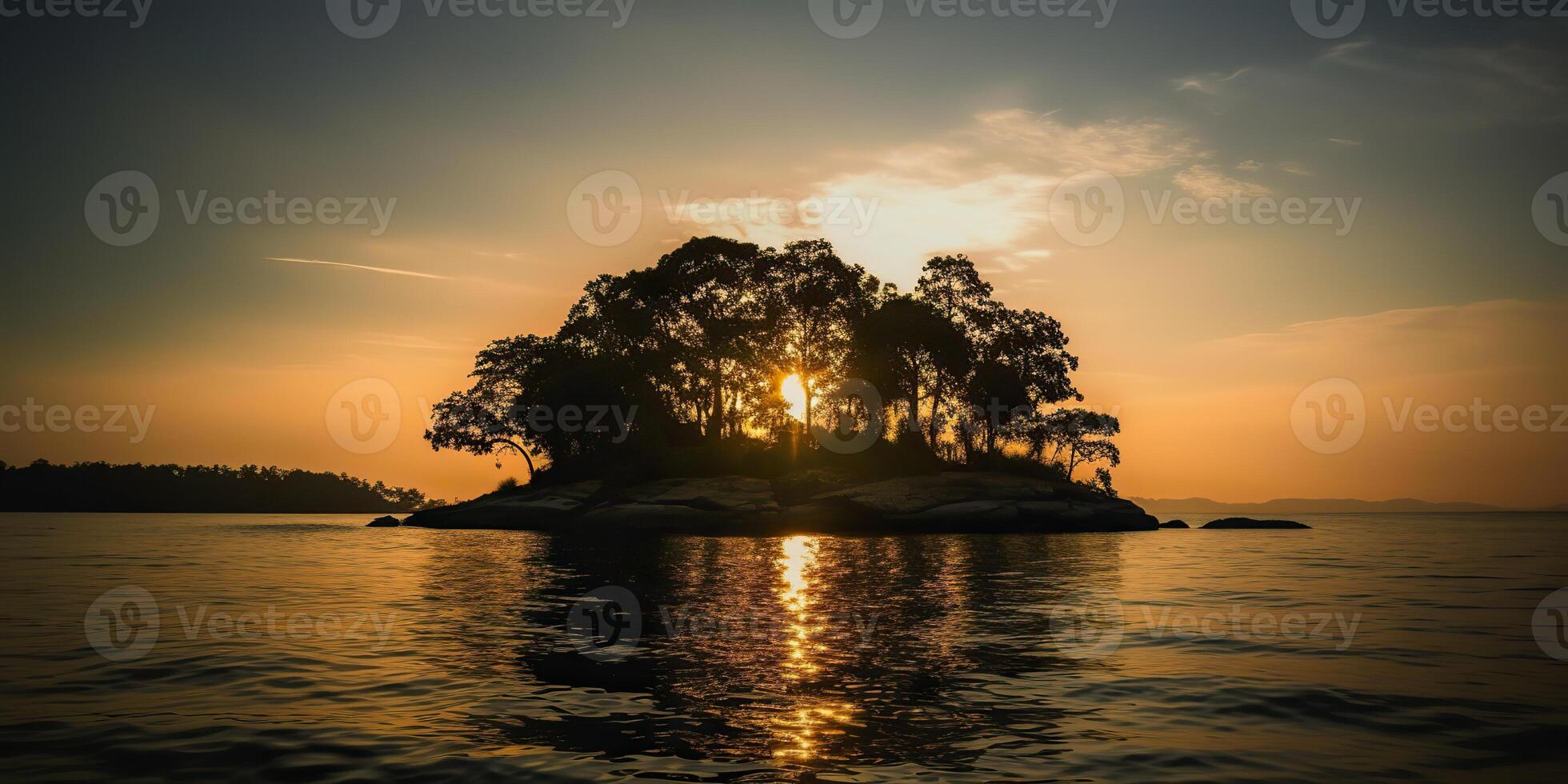 Island in the middle of the sea ocean lake with many trees. Relaxing sunset background scene view photo