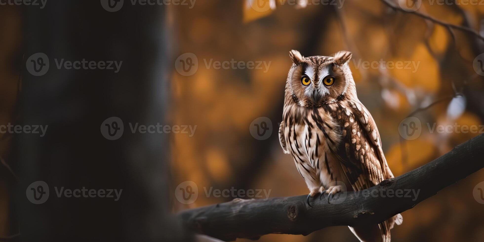 Owl bird sitting on a banch tree. Wil life nature outdoor forest background landscape scene photo