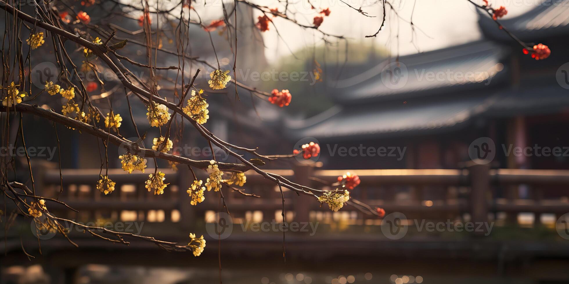 Ancient asian japanese chinese old vintage retro town city building temple with nature tree flowers photo
