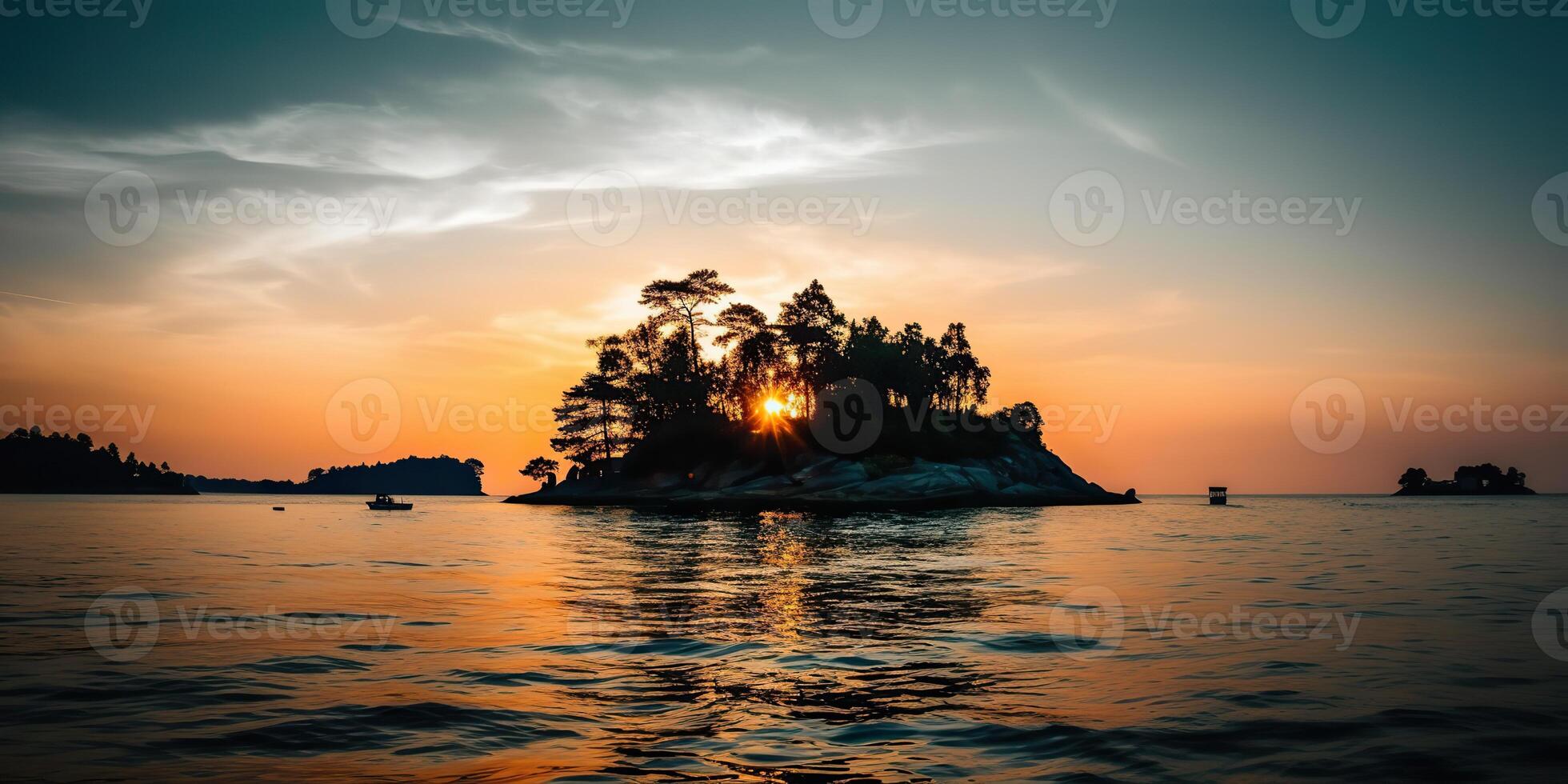 Island in the middle of the sea ocean lake with many trees. Relaxing sunset background scene view photo