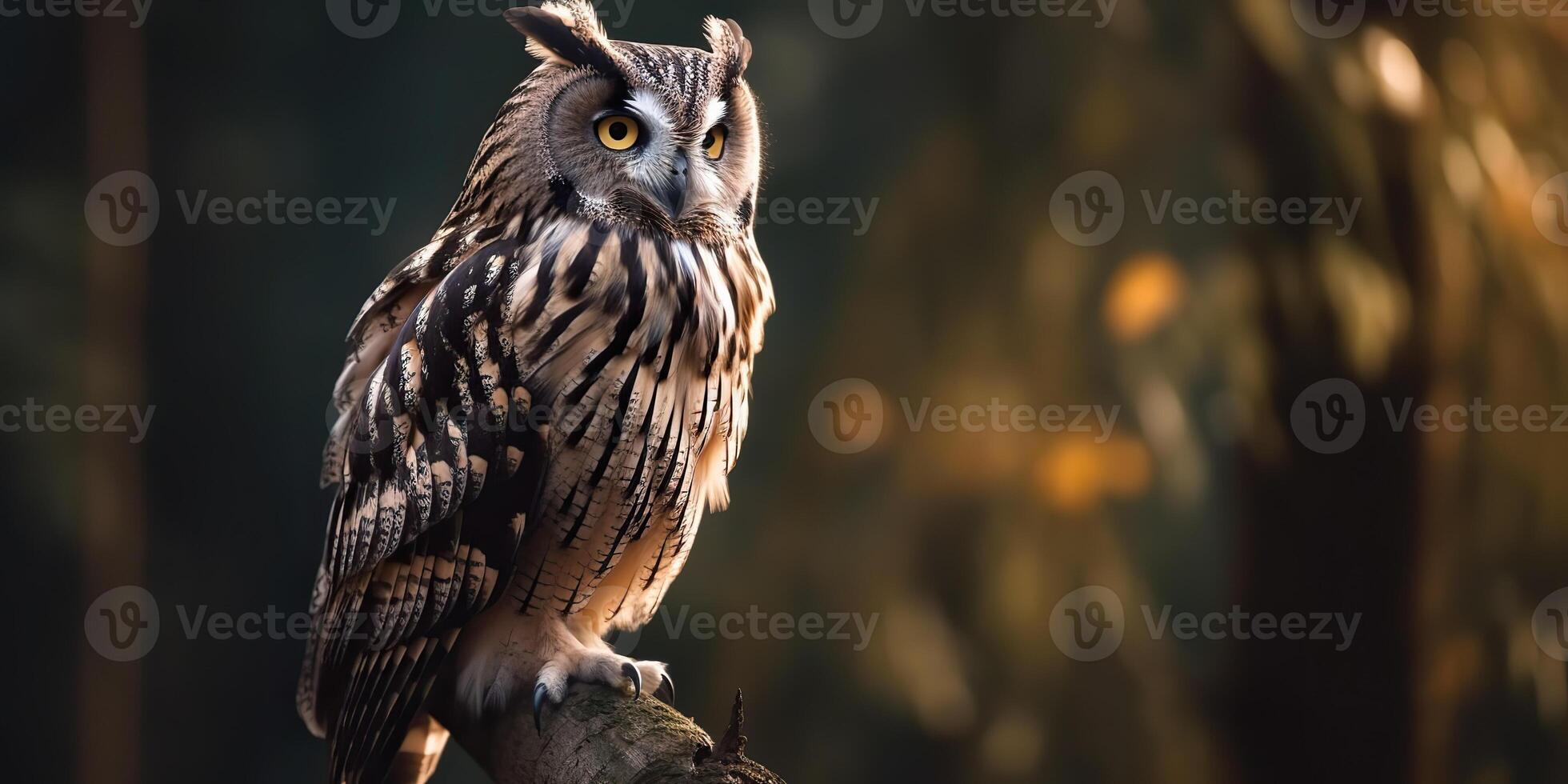 Owl bird sitting on a banch tree. Wil life nature outdoor forest background landscape scene photo