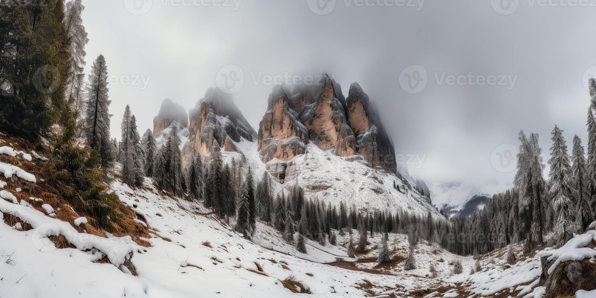 Cloud day rock hill mountain rock peak with snow at winter. Adventure expedition travel hiking scene view photo