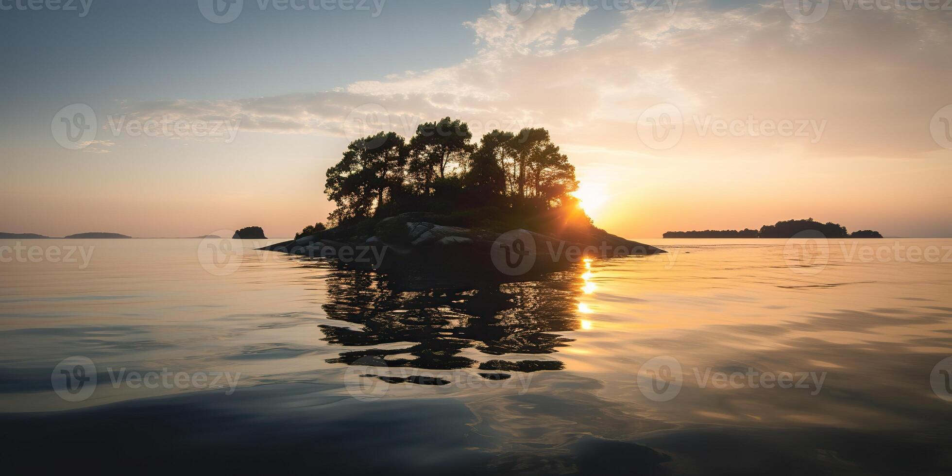 Island in the middle of the sea ocean lake with many trees. Relaxing sunset background scene view photo