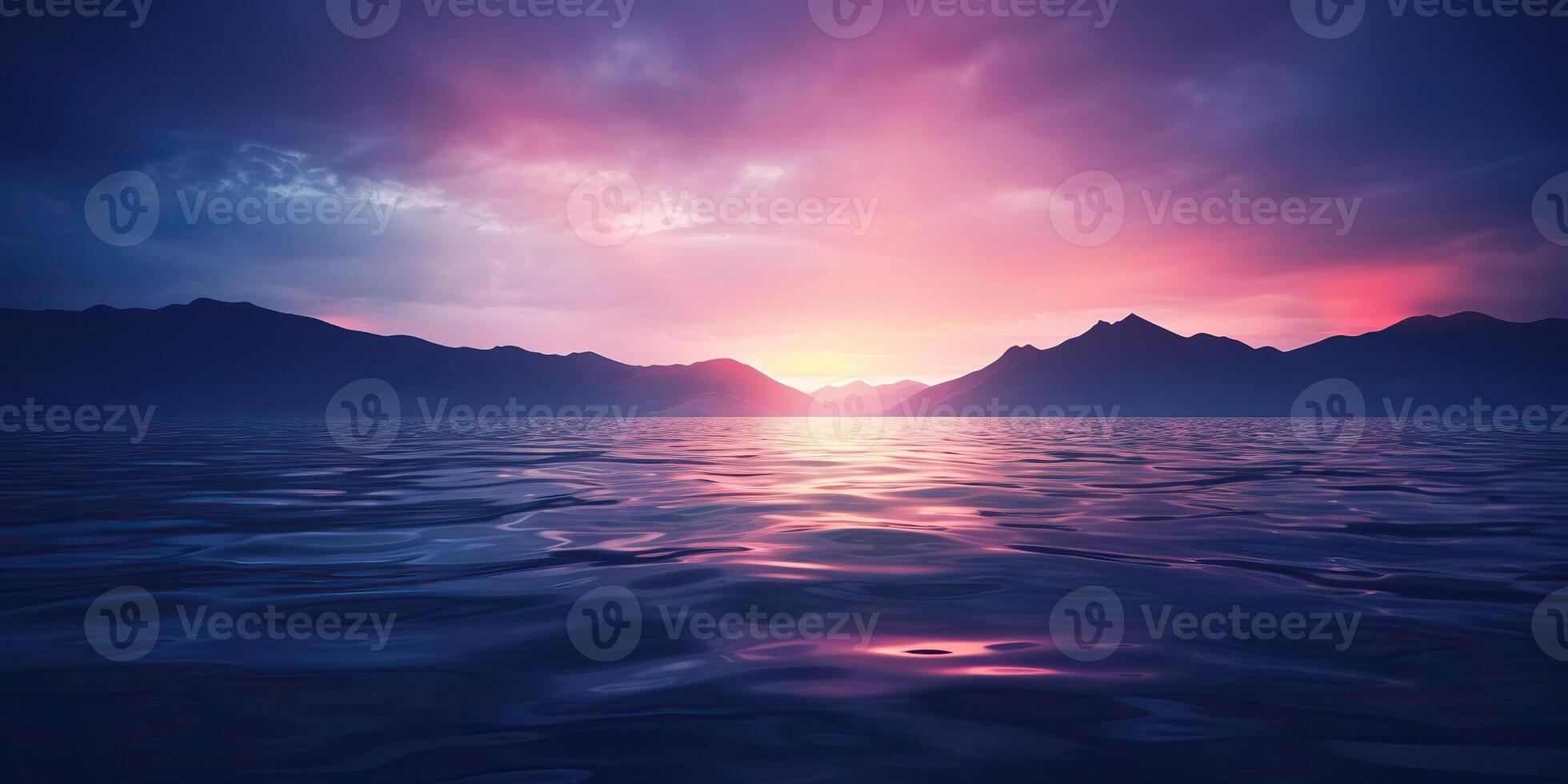 Nature outdoor sunset over lake sea with mountains hills landscape bacgkround, Pink blur out of focus view photo