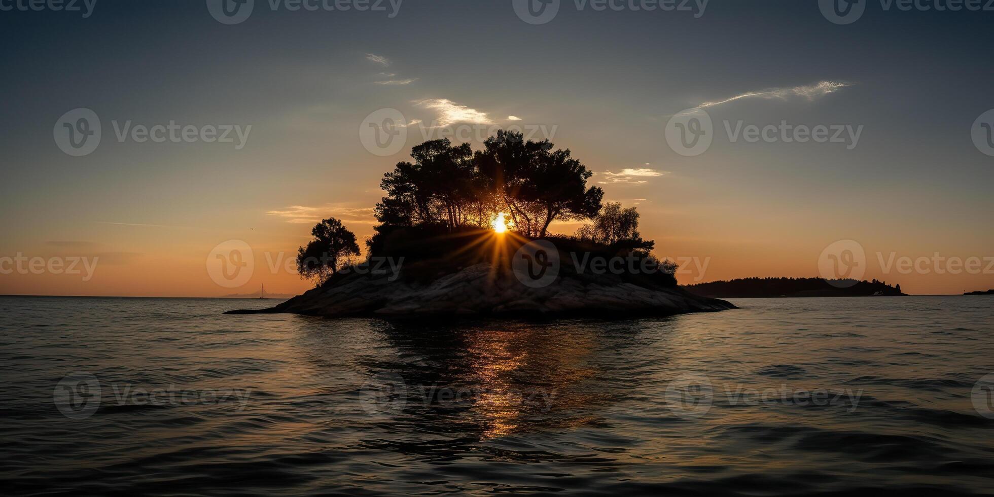 Island in the middle of the sea ocean lake with many trees. Relaxing sunset background scene view photo