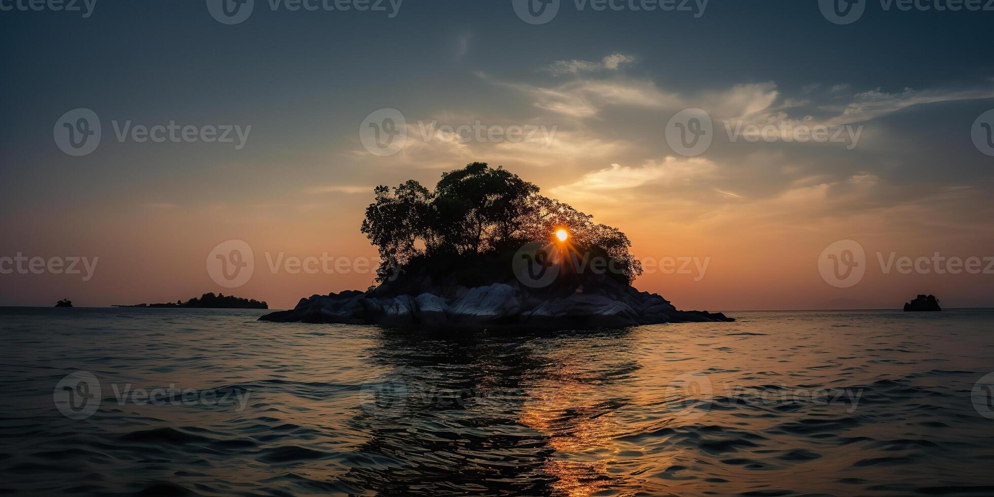 Island in the middle of the sea ocean lake with many trees. Relaxing sunset background scene view photo