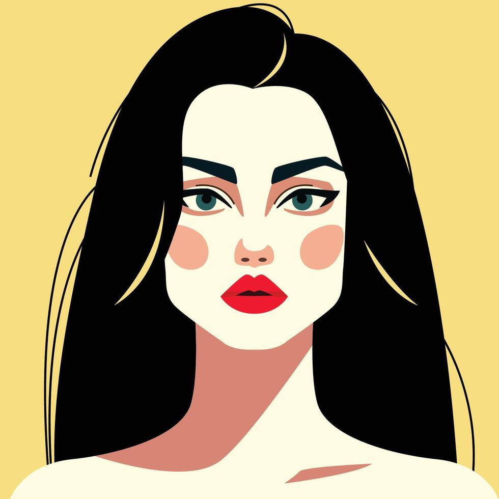 Minimalist Woman Portrait. Flat Design Style. Trendy Colorful Illustration. Female Face Avatar Isolated Icon. Colorful Abstract Cartoon Character Person. Bold Glamour People Lifestyle Symbol. vector