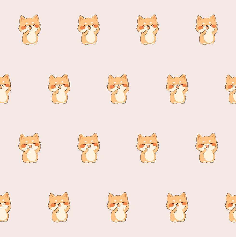 Cute Kawaii Cat Character Seamless Pattern. Childish Funny Textile Fabric Print Swatch. Cartoon Positive Cat Animal Happy Birthday Gift Wrapping Paper Design vector