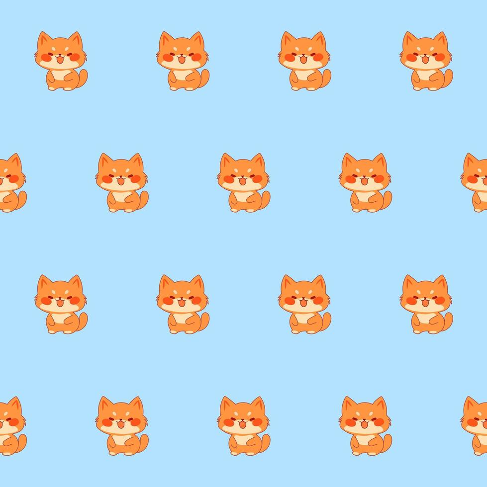 Cute Kawaii Cat Character Seamless Pattern. Childish Funny Textile Fabric Print Swatch. Cartoon Positive Cat Animal Happy Birthday Gift Wrapping Paper Design vector