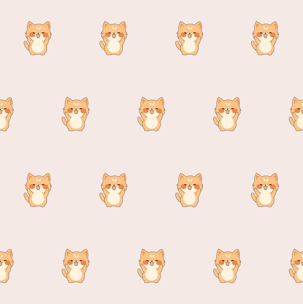 Cute Kawaii Cat Character Seamless Pattern. Childish Funny Textile Fabric Print Swatch. Cartoon Positive Cat Animal Happy Birthday Gift Wrapping Paper Design vector