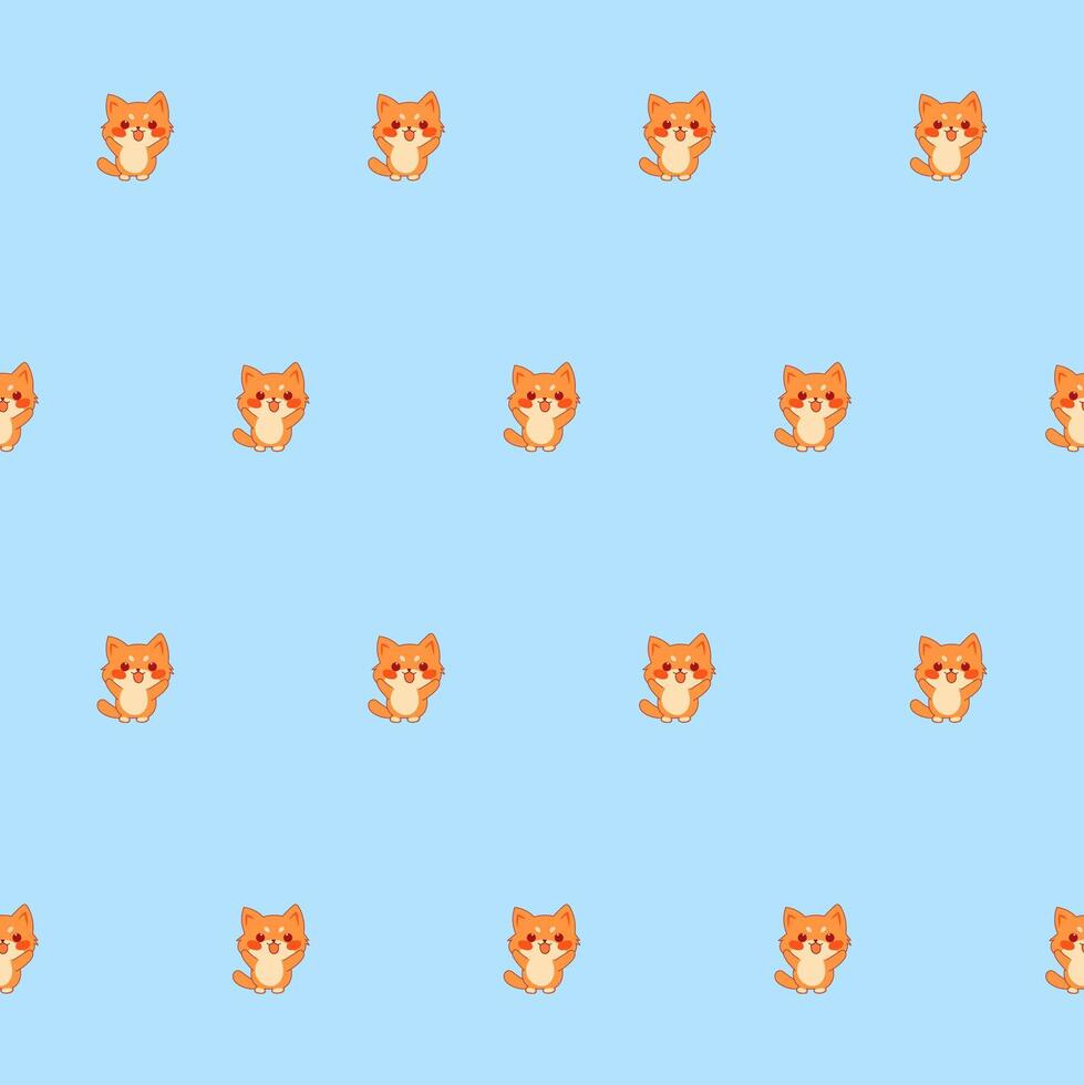 Cute Kawaii Cat Character Seamless Pattern. Childish Funny Textile Fabric Print Swatch. Cartoon Positive Cat Animal Happy Birthday Gift Wrapping Paper Design vector