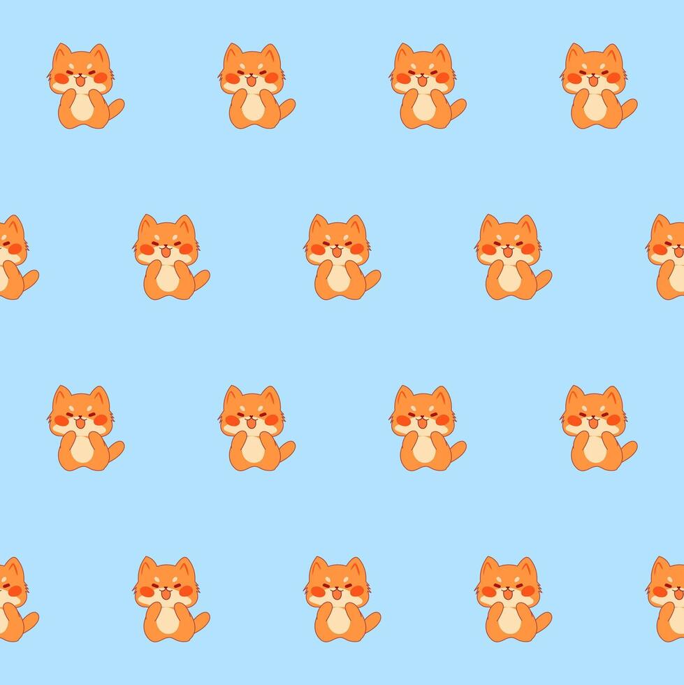 Cute Kawaii Cat Character Seamless Pattern. Childish Funny Textile Fabric Print Swatch. Cartoon Positive Cat Animal Happy Birthday Gift Wrapping Paper Design vector