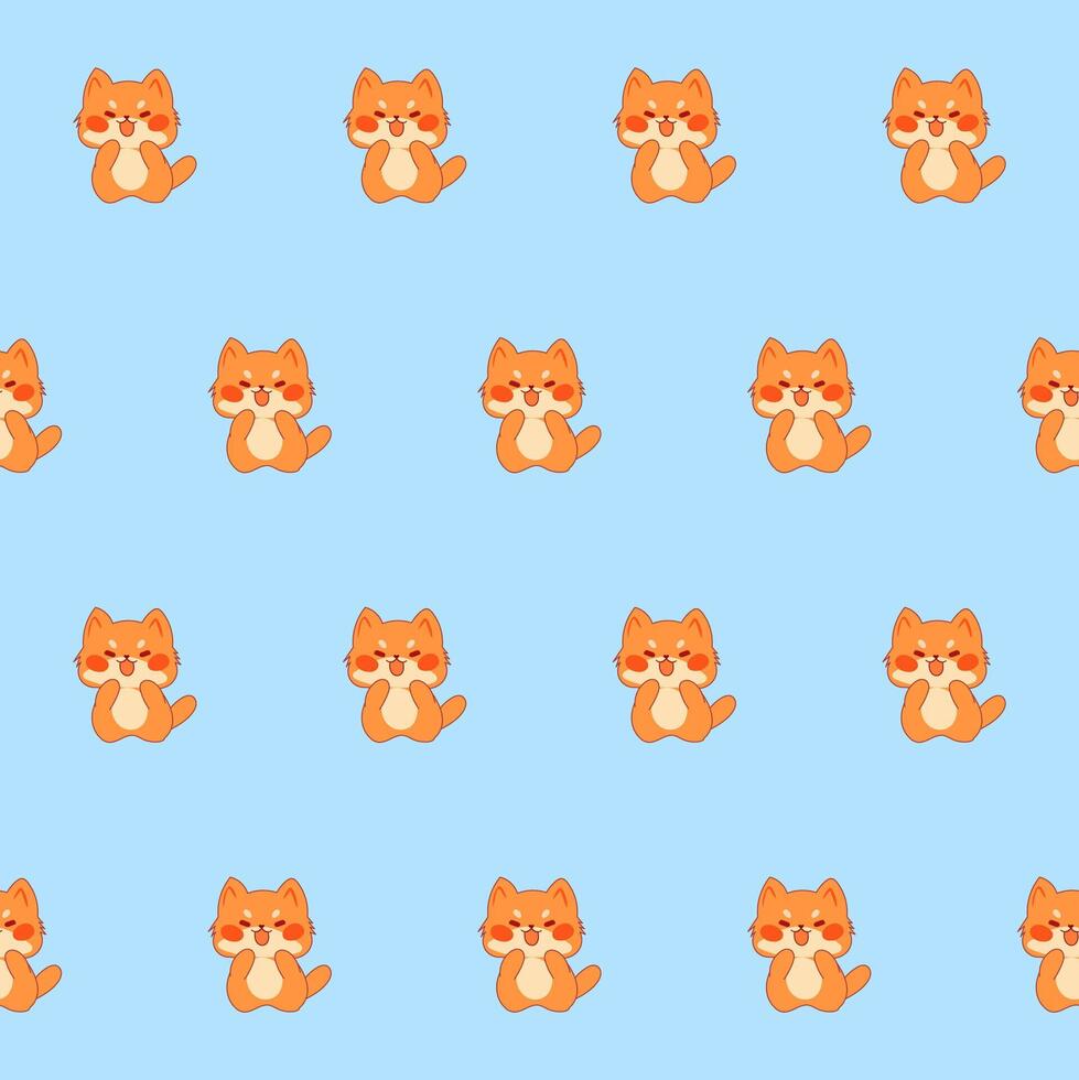 Cute Kawaii Cat Character Seamless Pattern. Childish Funny Textile Fabric Print Swatch. Cartoon Positive Cat Animal Happy Birthday Gift Wrapping Paper Design vector