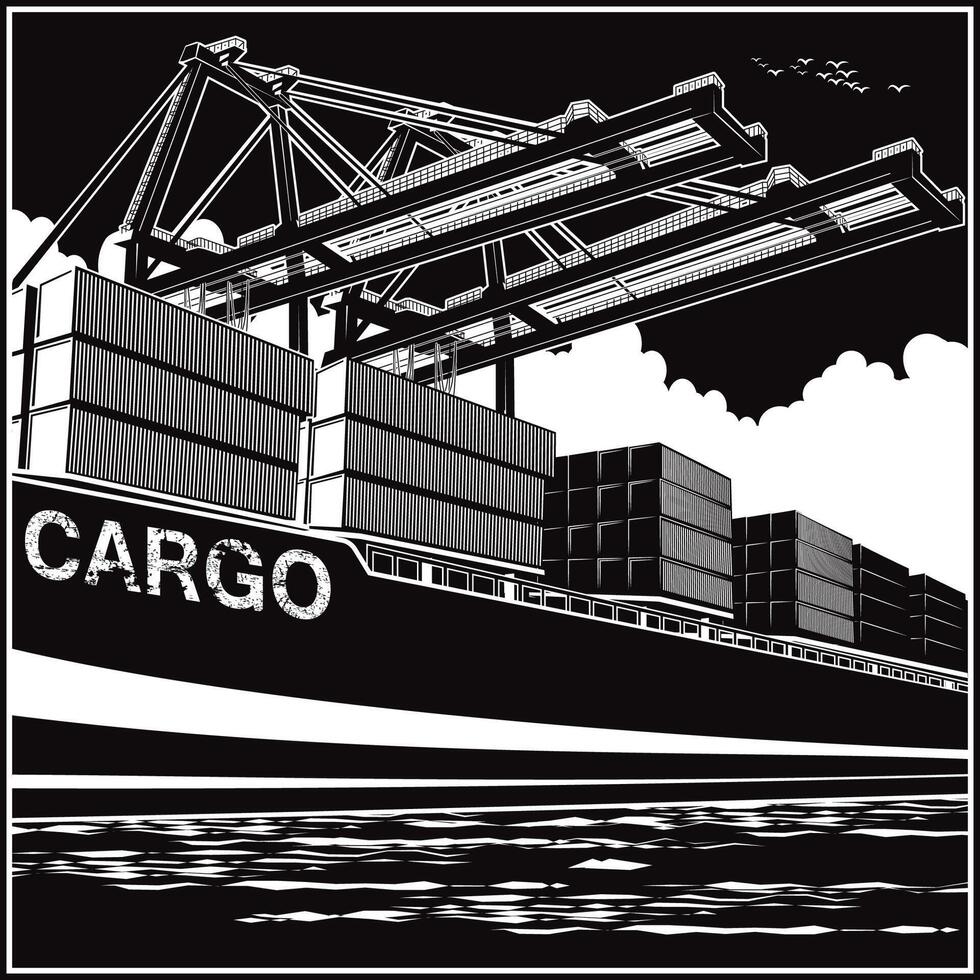 Loading of containers by port cranes vector