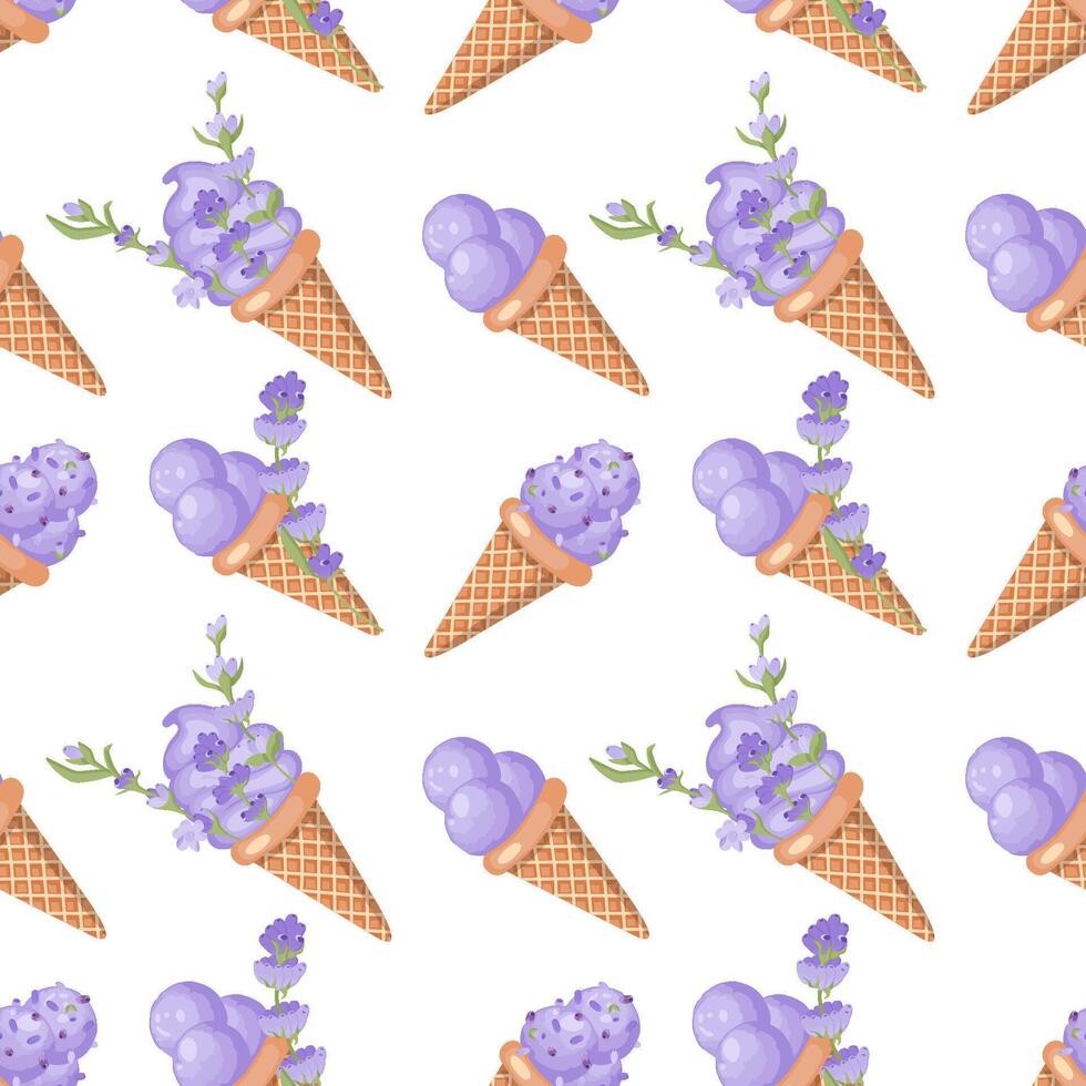 lavanda hielo crema. Tres cucharadas de cremoso dulce postre en un gofre cono. púrpura sorbete. sin costura modelo. ilustración. vector