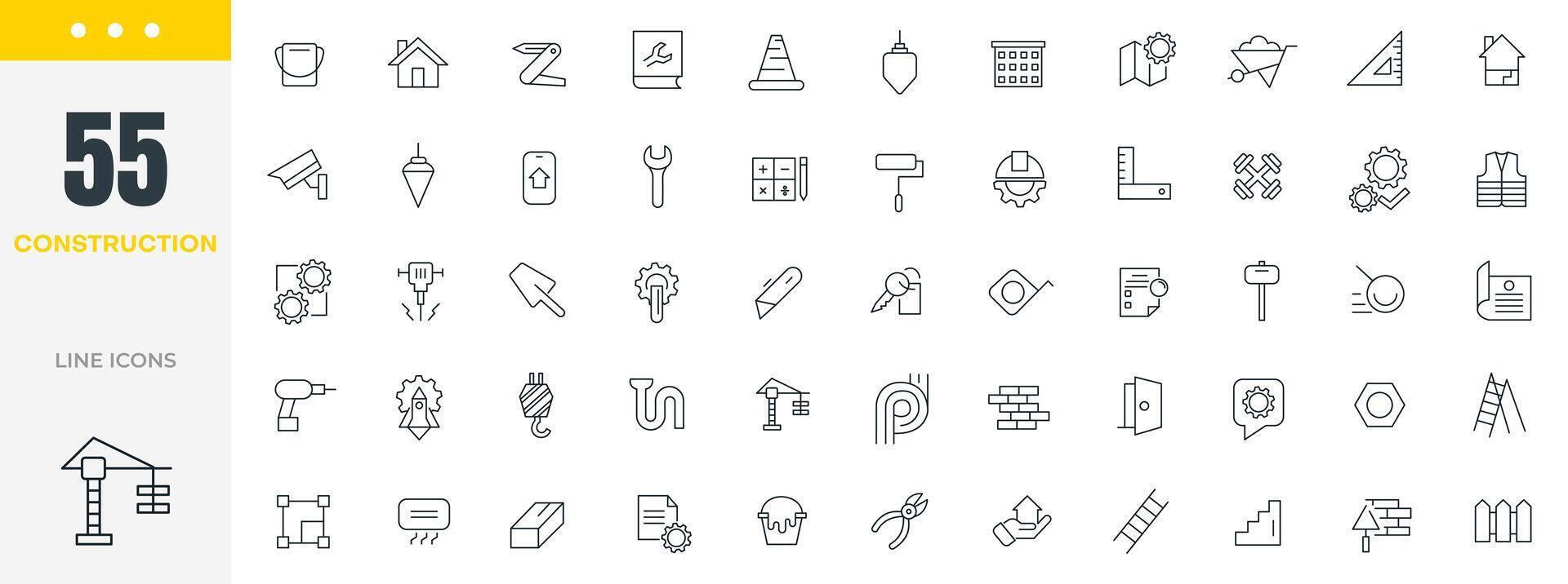 Construction line icon set. Construction, industry, home repair tools, builders and equipment, builder, crane, engineering, equipment, helmet, tool, house, renovation, outline icon collection. vector