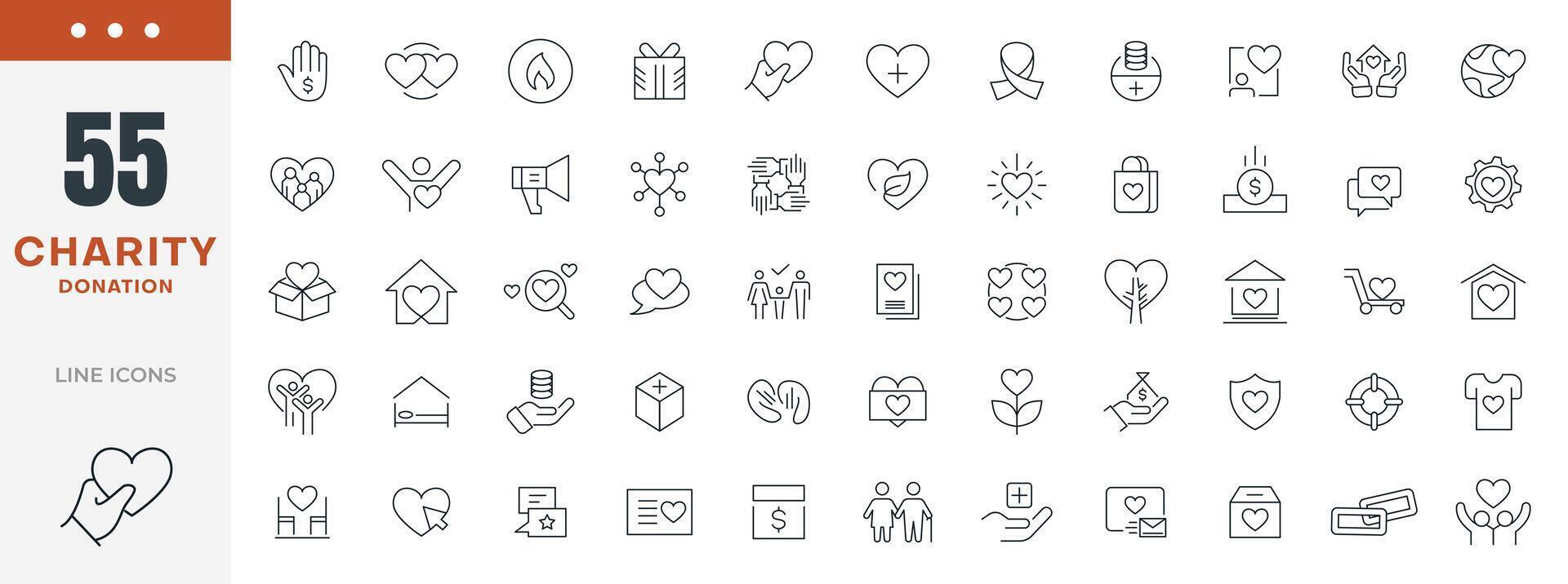 Charity and donation line icons set. Donate, charity, Giving, community, solidarity, trust, social care, NGO, helping hands, partnership, and help icon collection. Nonprofit organization. vector