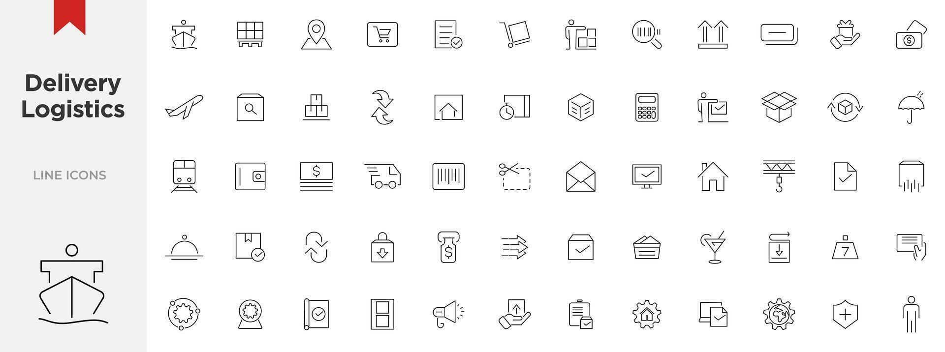 Delivery logistics and supply chain line icons set. Containing distribution, value chain, shipping, transportation, delivery, cargo, freight, route planning, and supply chain icons collection. vector