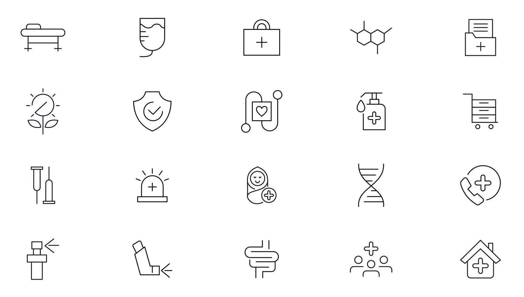 Medicals and Health Care line icons set. Healthcare, medical, medicine, check up, doctor, dentistry, pharmacy, lab, scientific discovery icons collection. vector