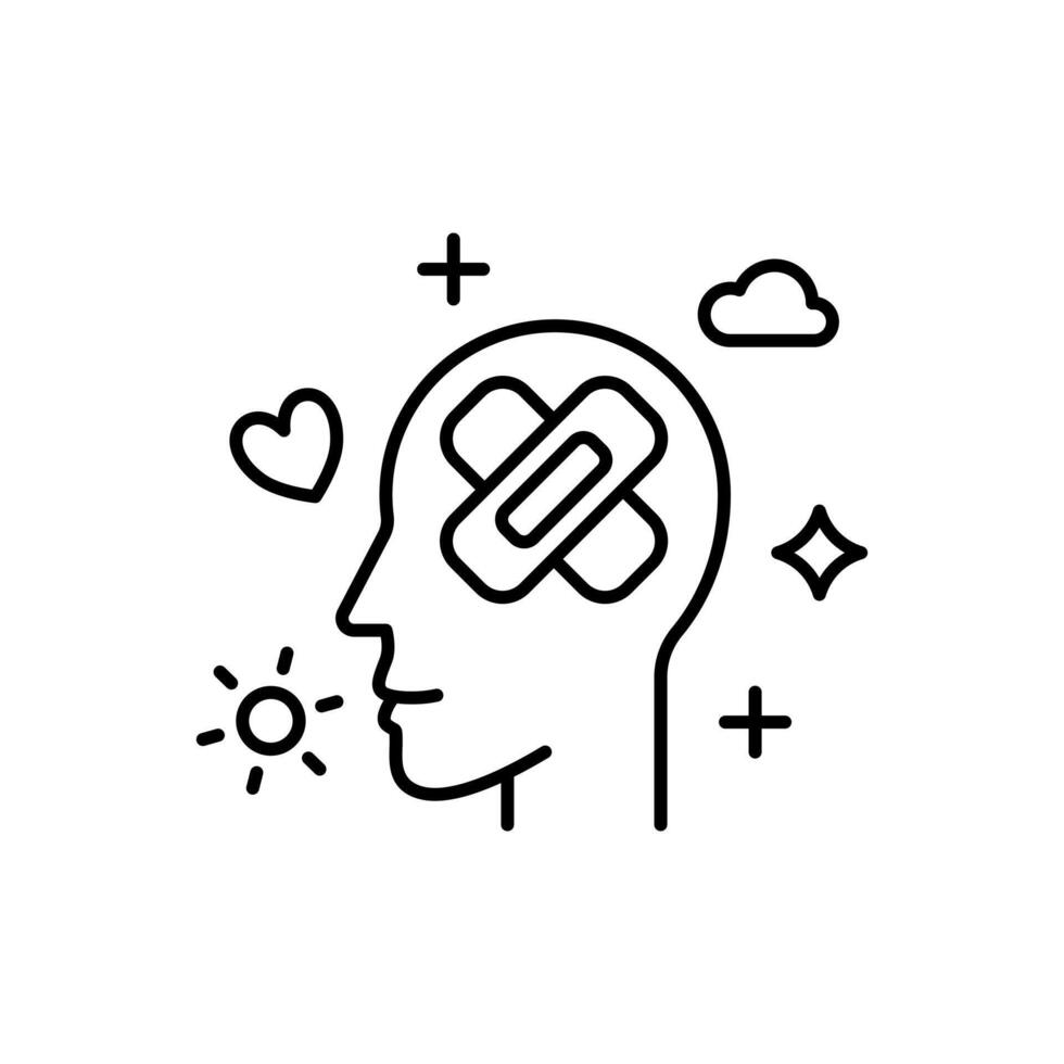 Mental health treatment. A head illustration with wound plaster symbol to represent mental health treatment. vector