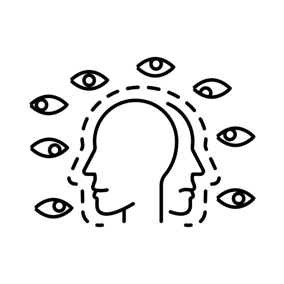 Paranoia. A head illustration with many eyes looking around to represent paranoia mental health issue. vector