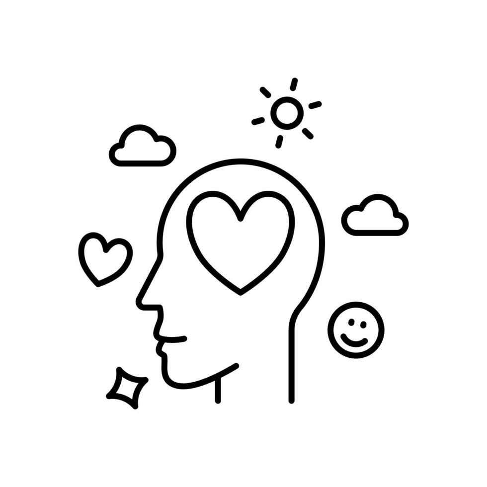 Positive thinking. A head illustration with love, smile, positive symbol to represent mental health recovery. vector