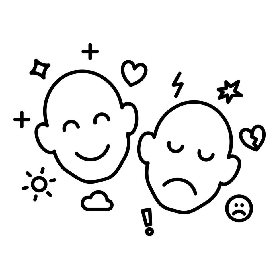 Positive and negative thinking. A head illustration with positive and negative symbol to represent mental health issue. vector