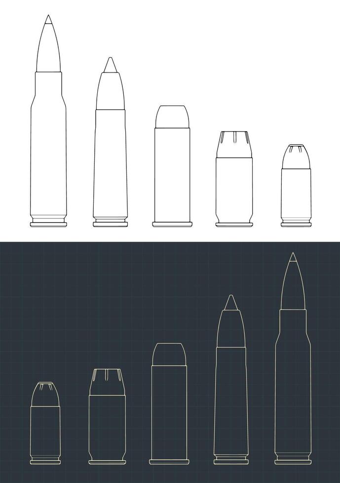 Bullets of various calibers blueprints mini set vector
