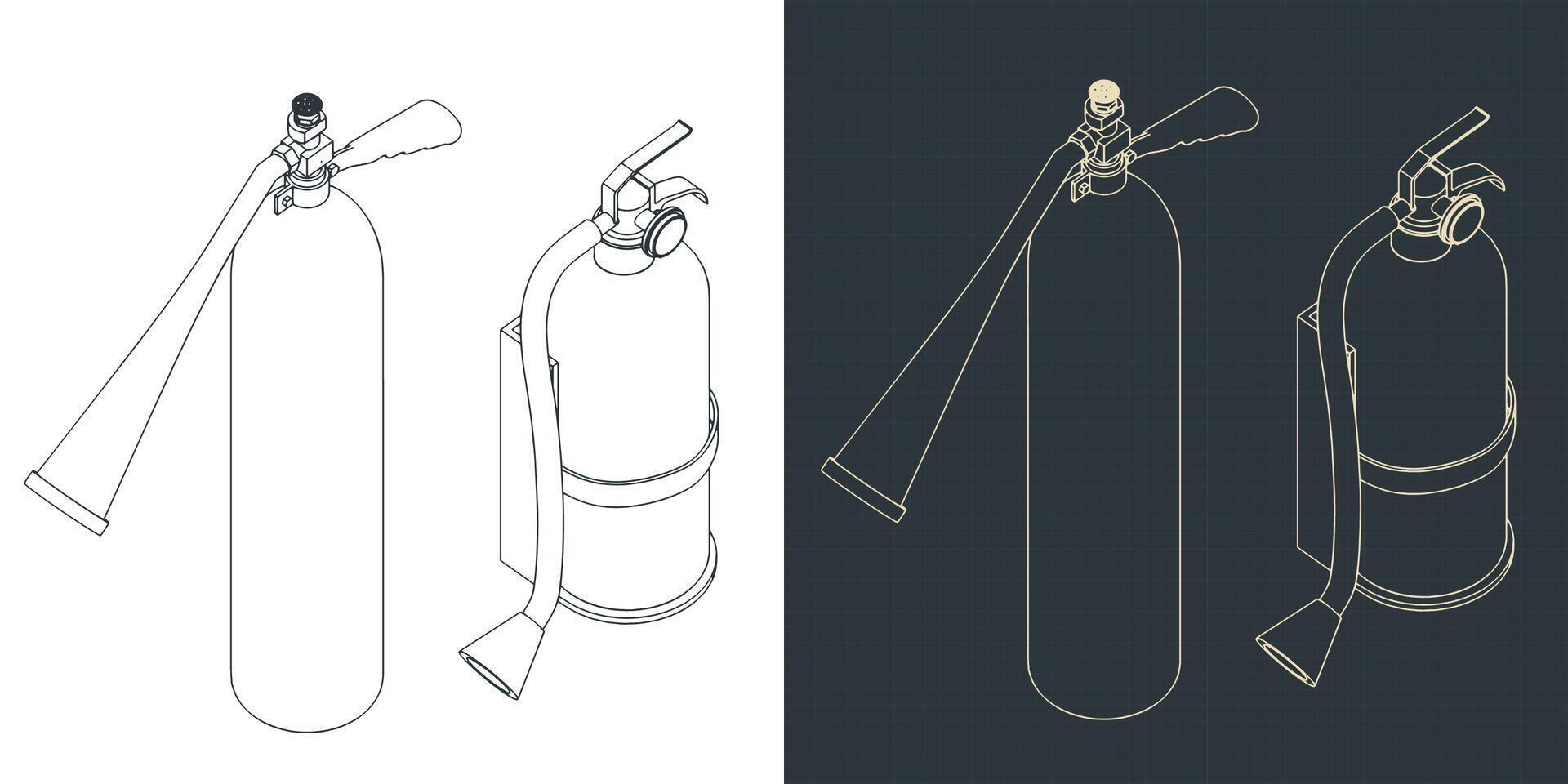 Fire extinguishers isometric blueprints vector